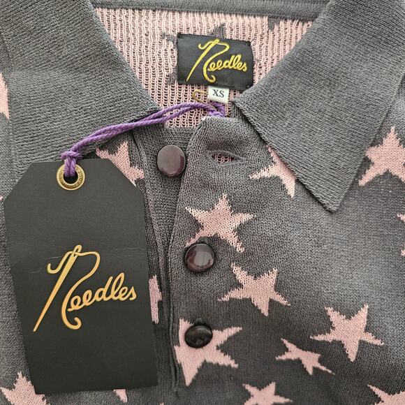 NWT NEEDLES Men's Grey Pink Stars Japan Relax Fit Knit Button Polo Sweater Sz XS - Picture 6 of 16